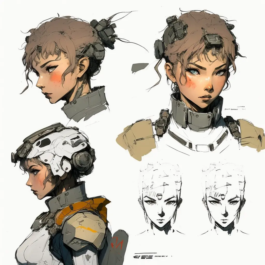 mecha pilot female, short hair, close up character design, multiple concept designs, concept design sheet, white background, style of Yoji Shinkawa